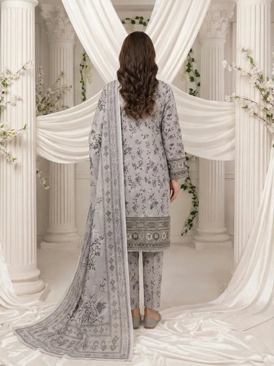 Signature Grey Floral Embroidered 3-Piece Stitched Suit – Luxury Lawn Collection