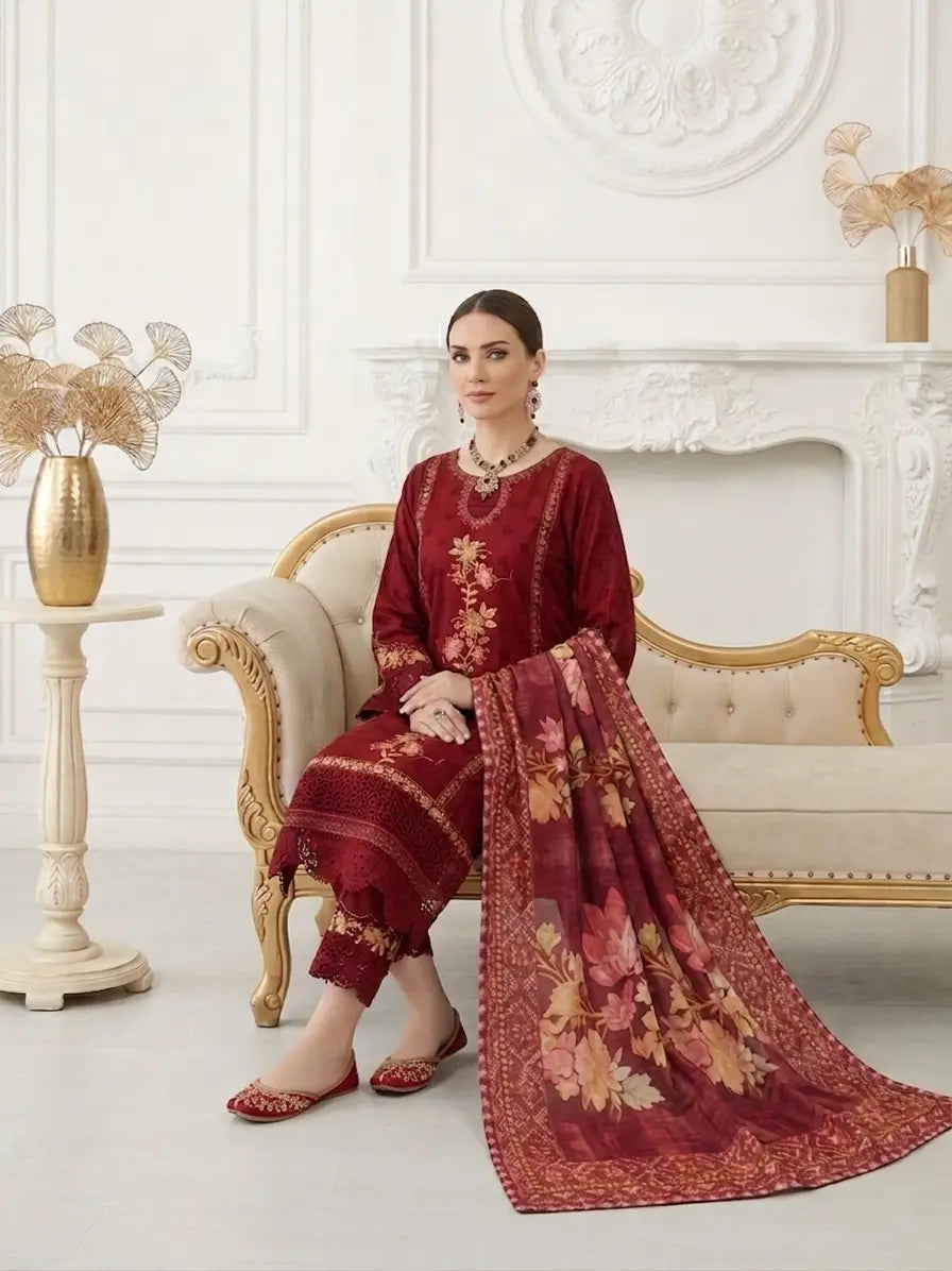 Deep Maroon Floral Embroidered 3-Piece Stitched Suit – Luxury Festive Edition