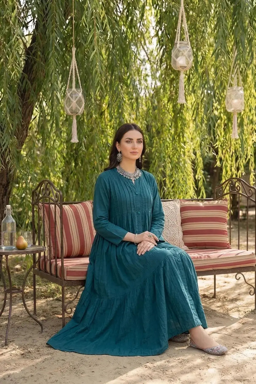 Petrol Blue Pintuck Detailed Long Dress - Bohemian Chic