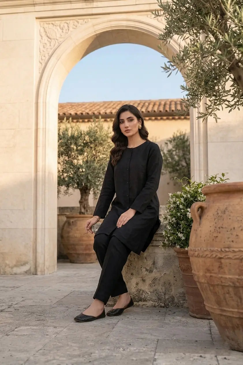 Elegant Black Front-Open Long Kurta with Button Details