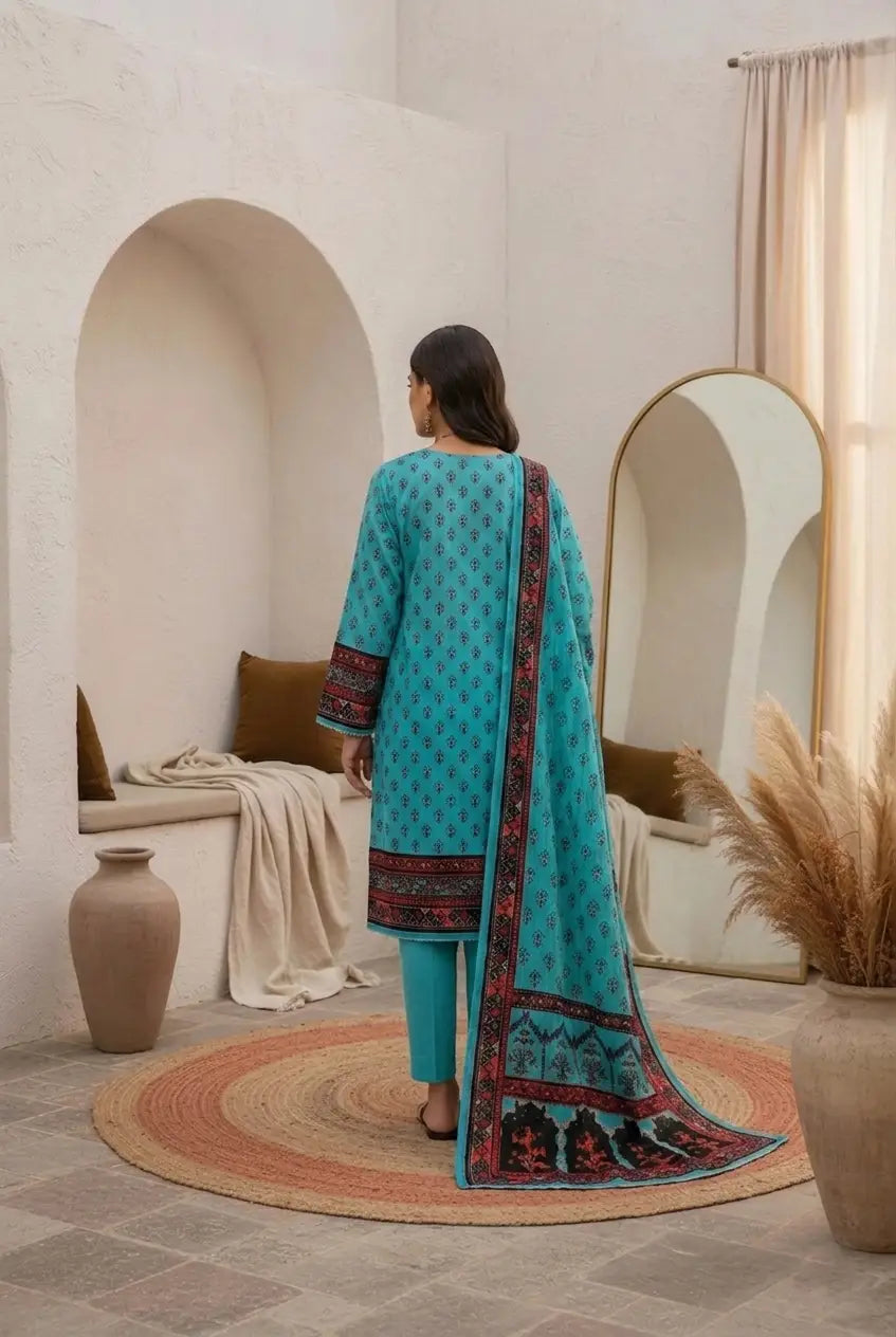 Olive Fusion: 3-Piece Unstitched Printed Lawn Suit with Floral & Stripe Detail
