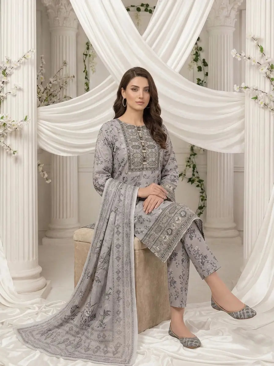 Signature Grey Floral Embroidered 3-Piece Stitched Suit – Luxury Lawn Collection