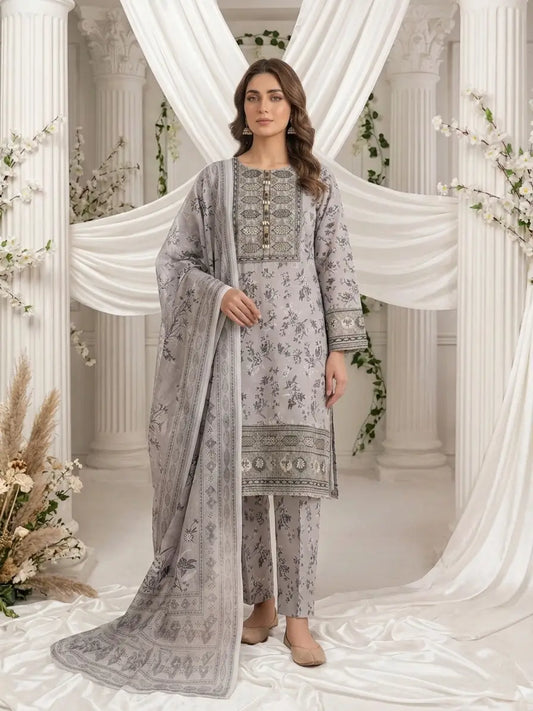 Signature Grey Floral Embroidered 3-Piece Stitched Suit – Luxury Lawn Collection