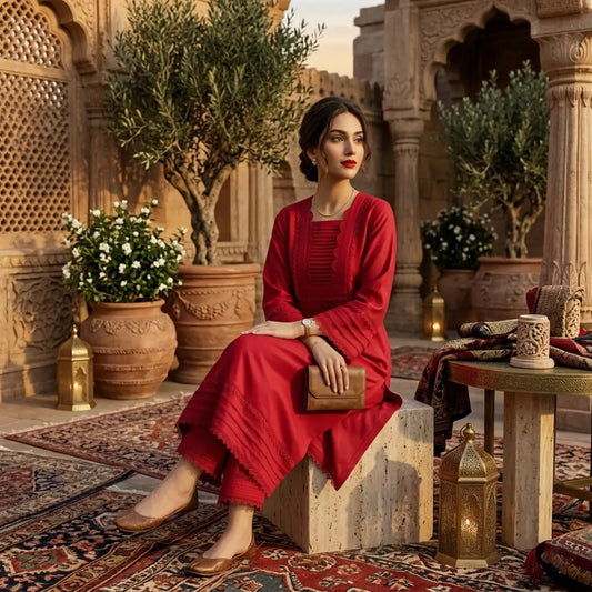 Scarlet Red Luxury Pret – Detailed Lace & Pleated Tunic