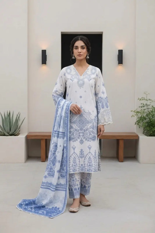 Blue Porcelain Dreams: 3-Piece Stitched Lawn Suit with Lace Detailing