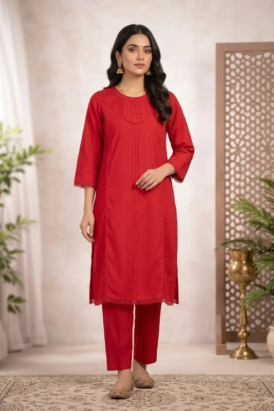 Women’s Scarlet Red Kurta with Intricate Lace Borders