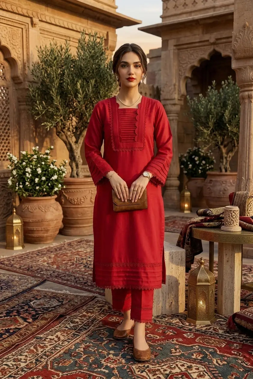 Scarlet Red Luxury Pret – Detailed Lace & Pleated Tunic