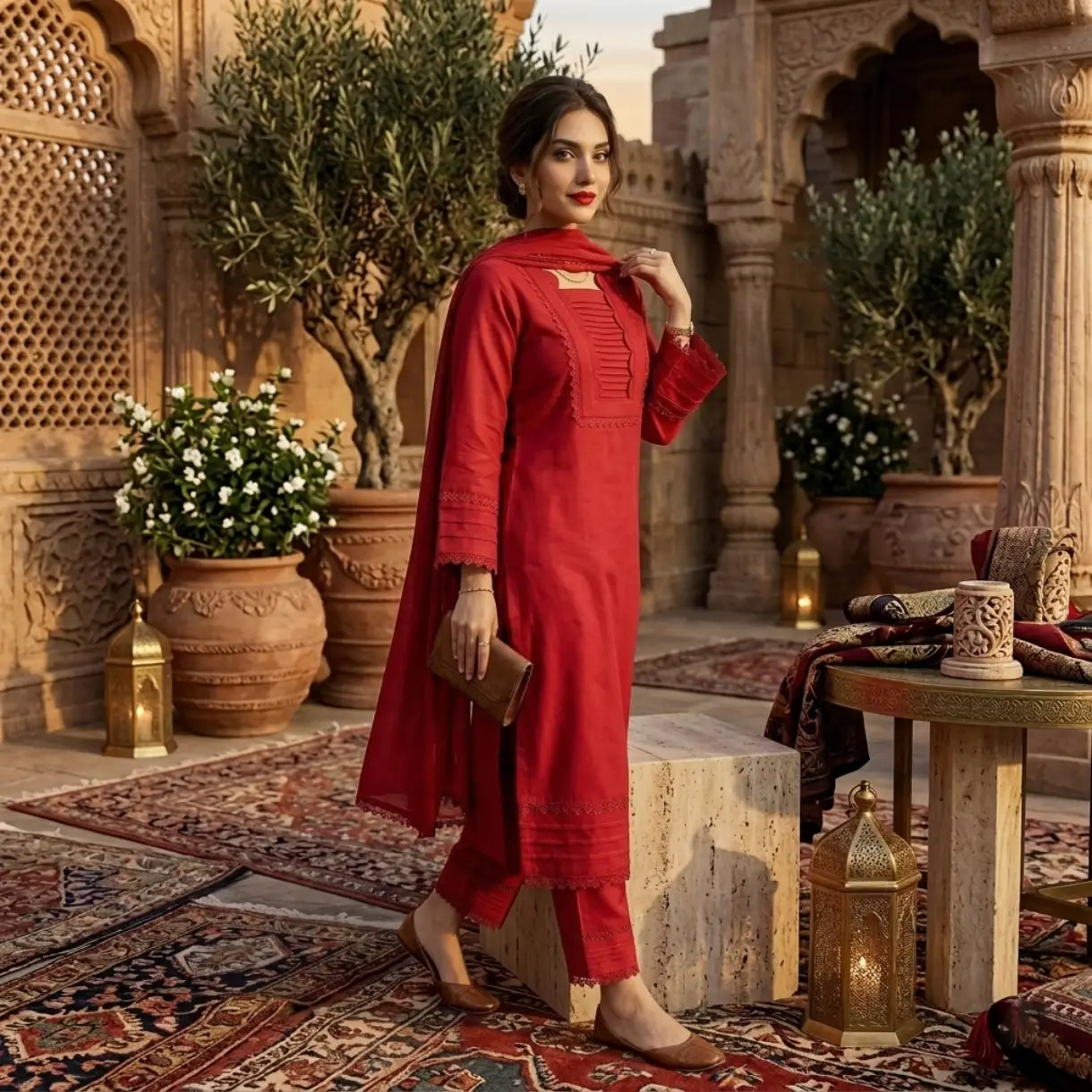 Scarlet Red Luxury Pret – Detailed Lace & Pleated Tunic