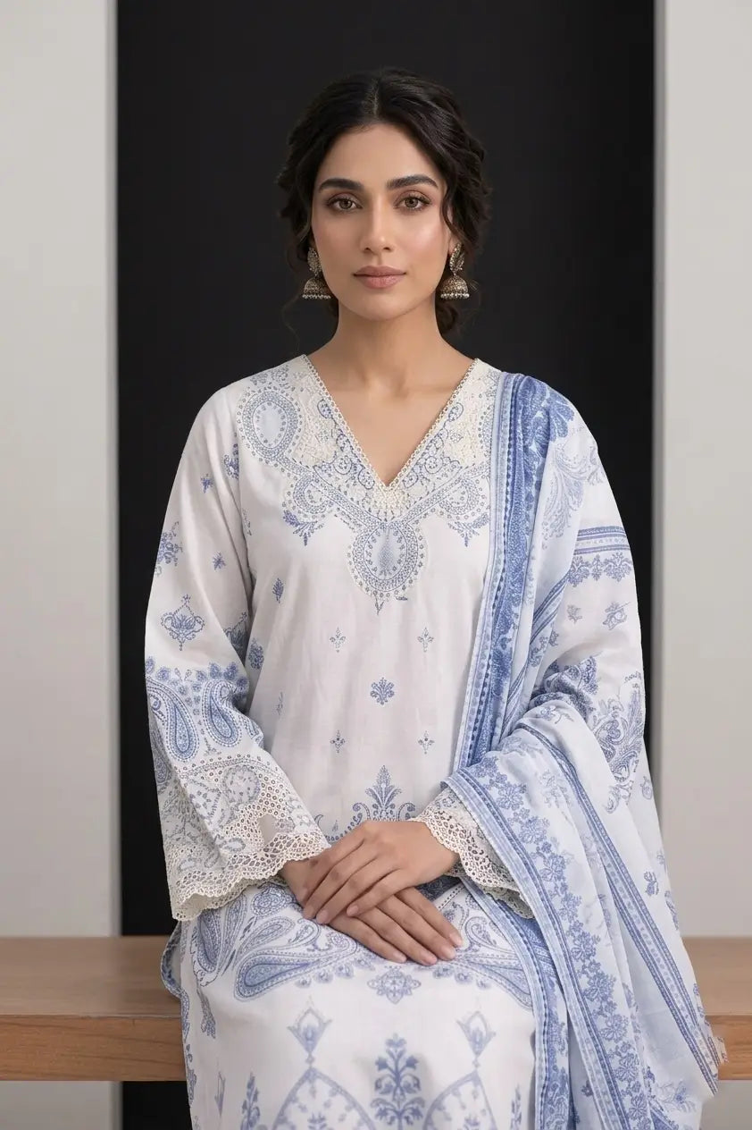 Blue Porcelain Dreams: 3-Piece Stitched Lawn Suit with Lace Detailing