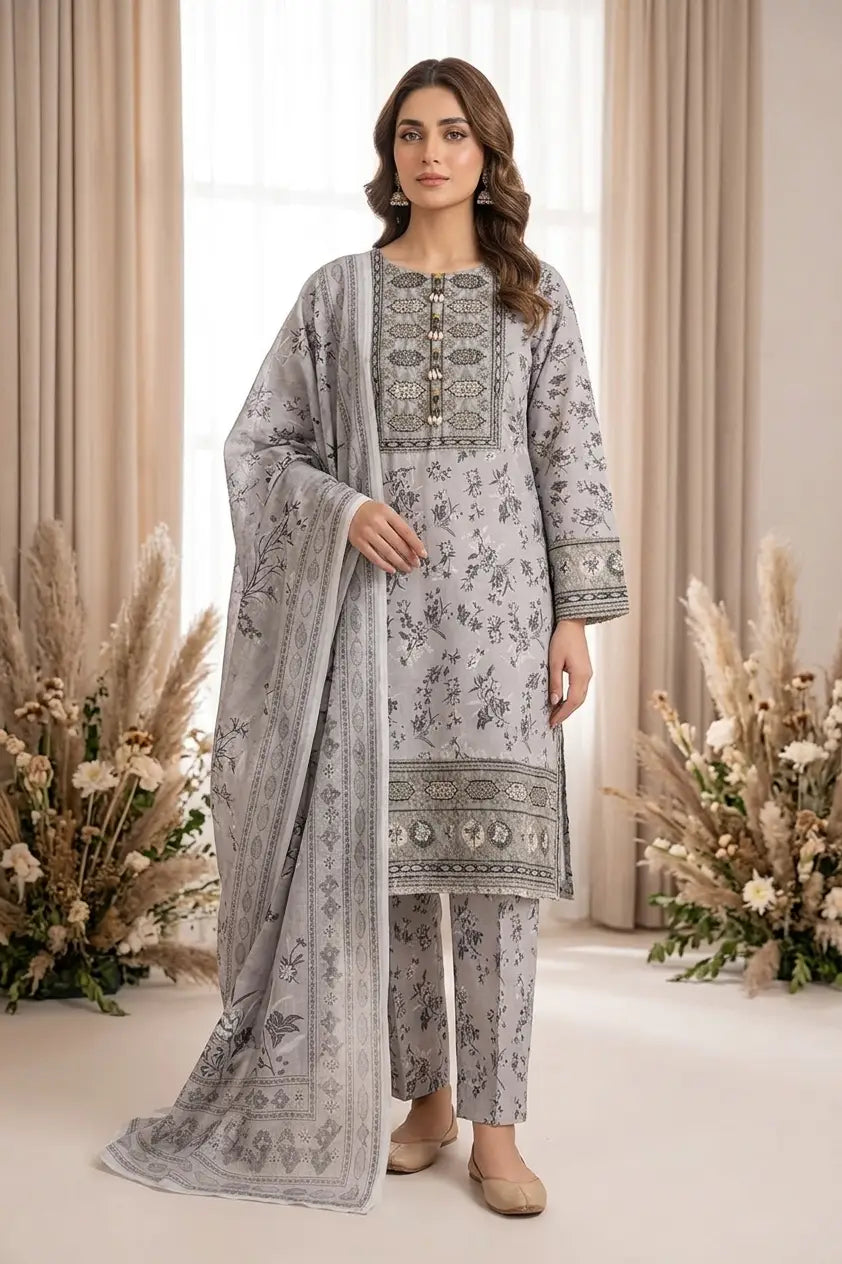 Signature Grey Floral Embroidered 3-Piece Stitched Suit – Luxury Lawn Collection
