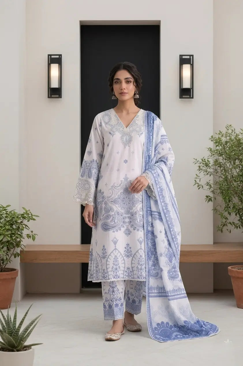 Blue Porcelain Dreams: 3-Piece Stitched Lawn Suit with Lace Detailing