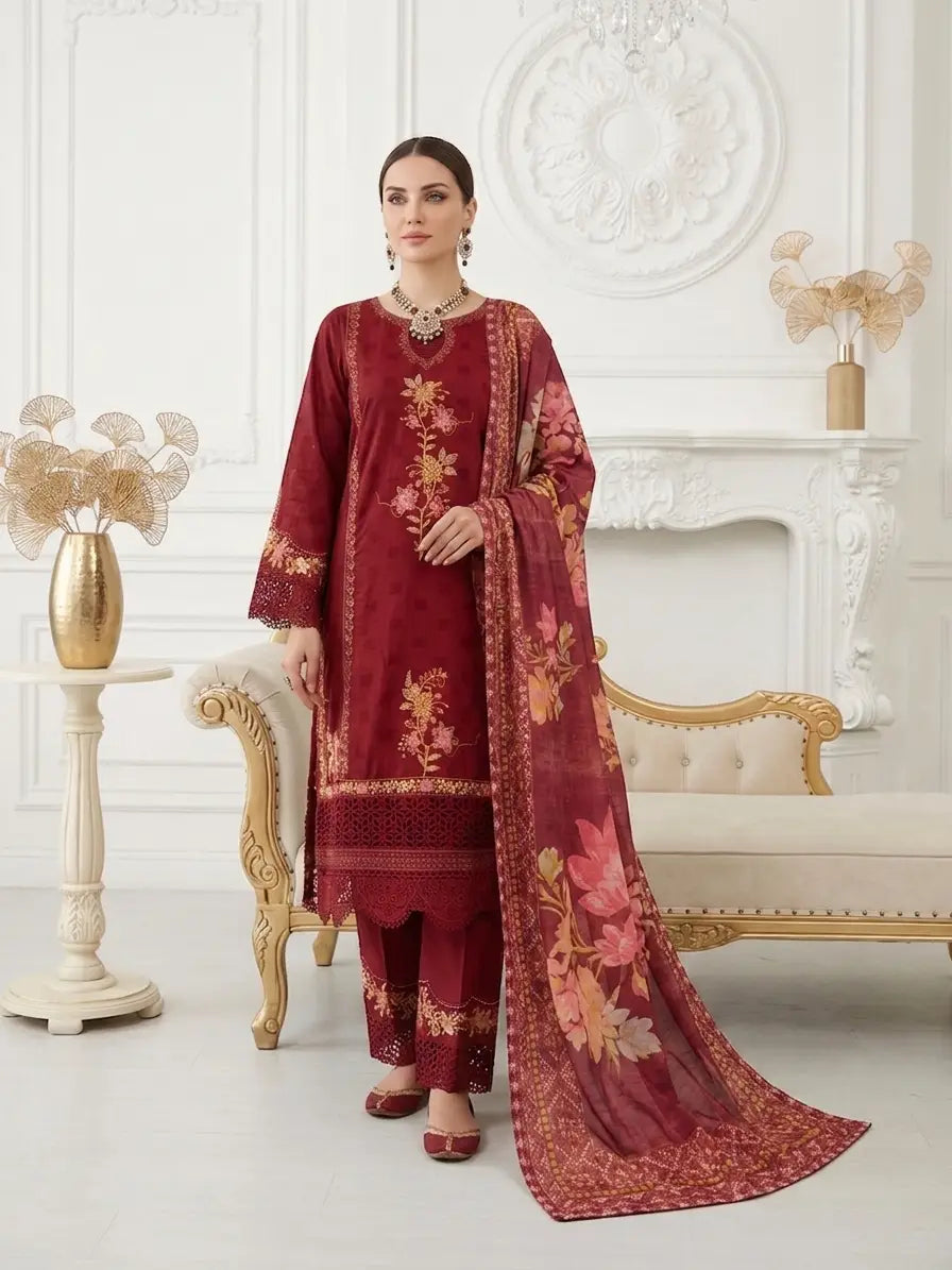 Deep Maroon Floral Embroidered 3-Piece Stitched Suit – Luxury Festive Edition