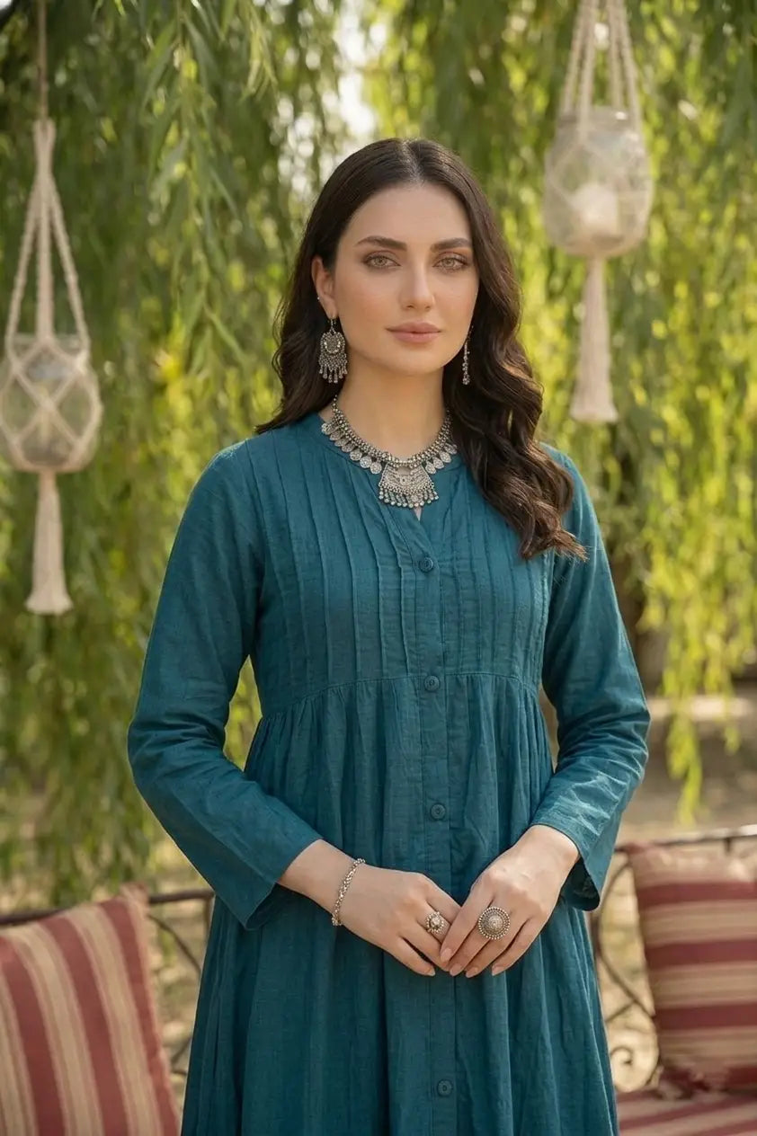 Petrol Blue Pintuck Detailed Long Dress - Bohemian Chic