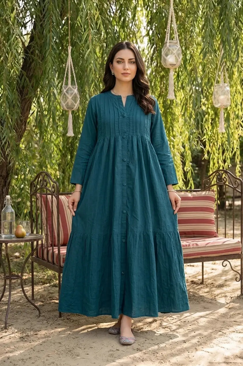 Petrol Blue Pintuck Detailed Long Dress - Bohemian Chic