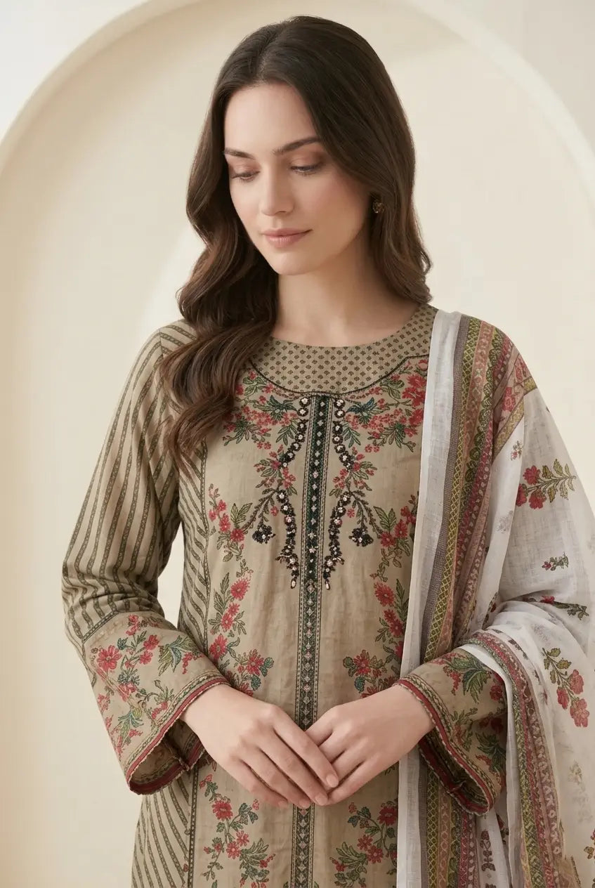 Elegant Olive Green & Rust Floral Printed 3-Piece stitched Suit - Lawn Collection