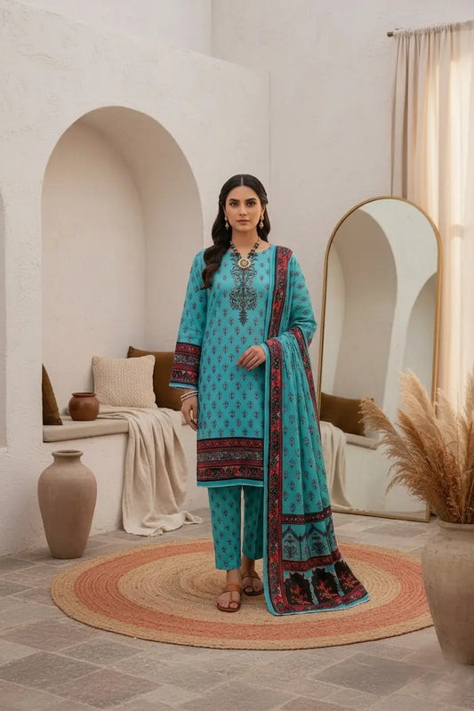 Olive Fusion: 3-Piece Unstitched Printed Lawn Suit with Floral & Stripe Detail