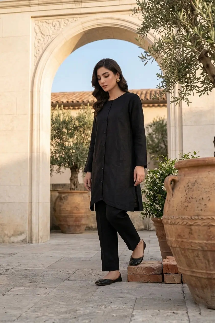 Elegant Black Front-Open Long Kurta with Button Details
