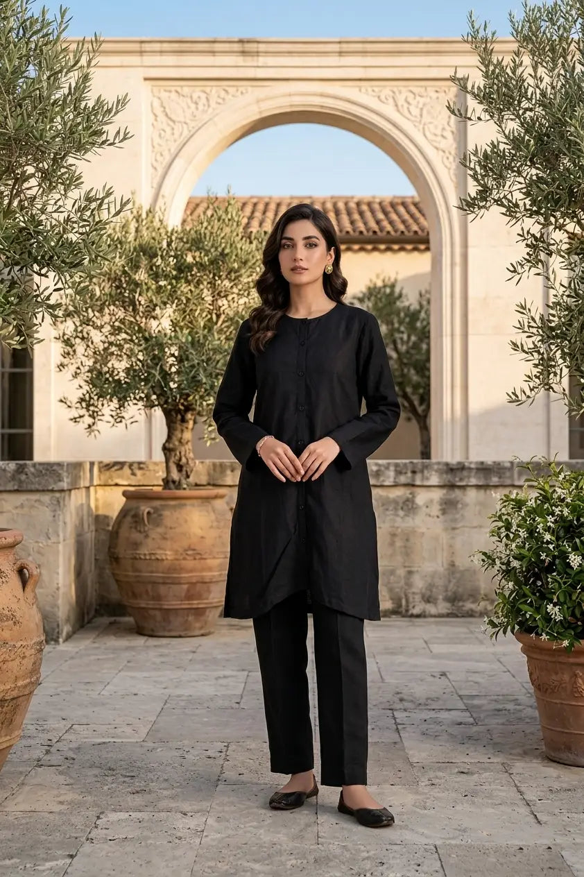 Elegant Black Front-Open Long Kurta with Button Details