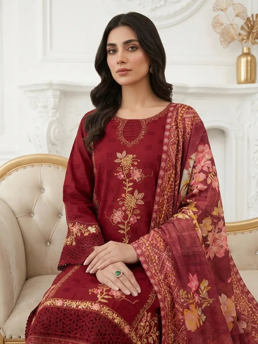 Deep Maroon Floral Embroidered 3-Piece Stitched Suit – Luxury Festive Edition