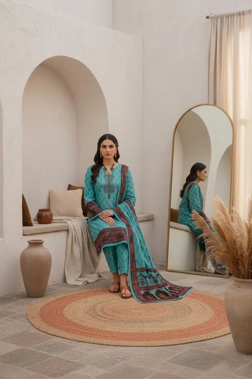 Olive Fusion: 3-Piece Unstitched Printed Lawn Suit with Floral & Stripe Detail