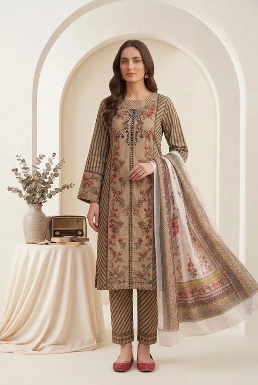 Elegant Olive Green & Rust Floral Printed 3-Piece stitched Suit - Lawn Collection
