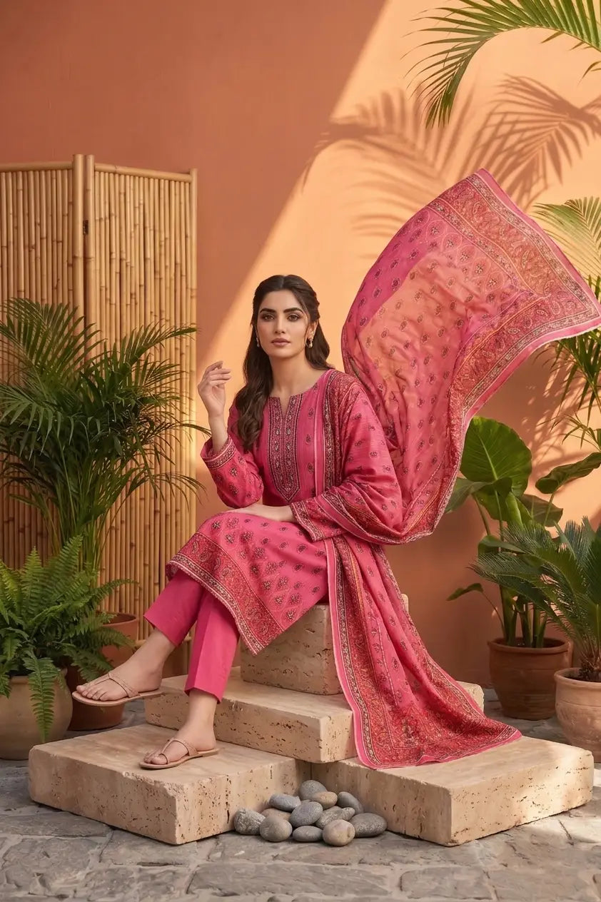 Berry Pink Paisley: 3-Piece Unstitched Traditional Printed Lawn Suit