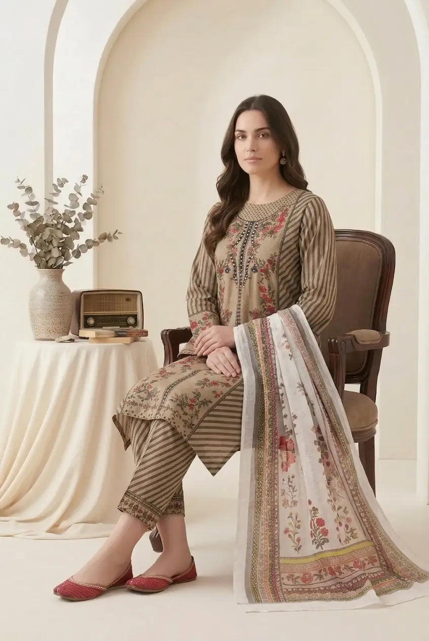 Elegant Olive Green & Rust Floral Printed 3-Piece stitched Suit - Lawn Collection