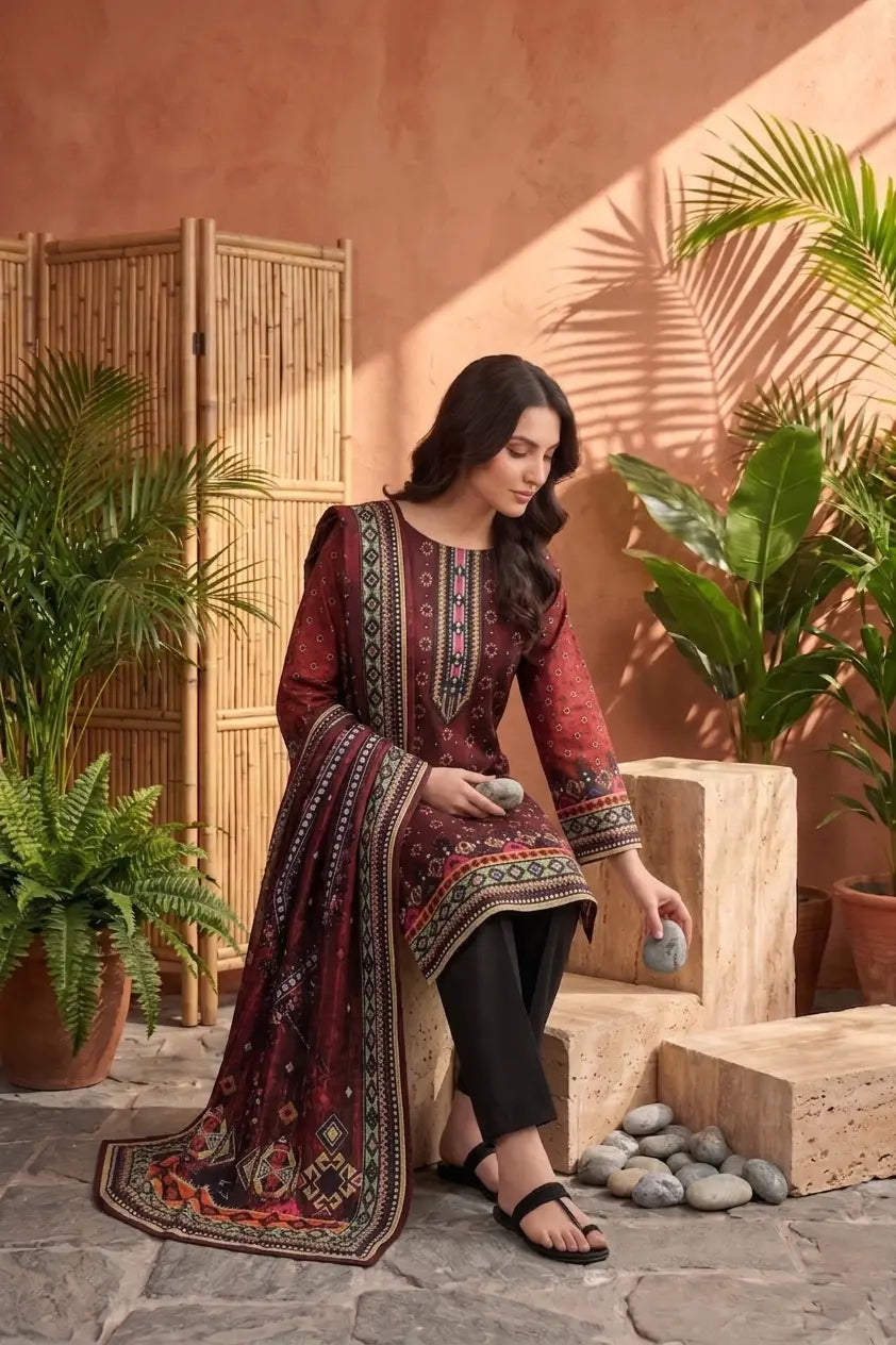 Midnight Maroon & Black: 3-Piece Unstitched Ethnic Printed Lawn Suit