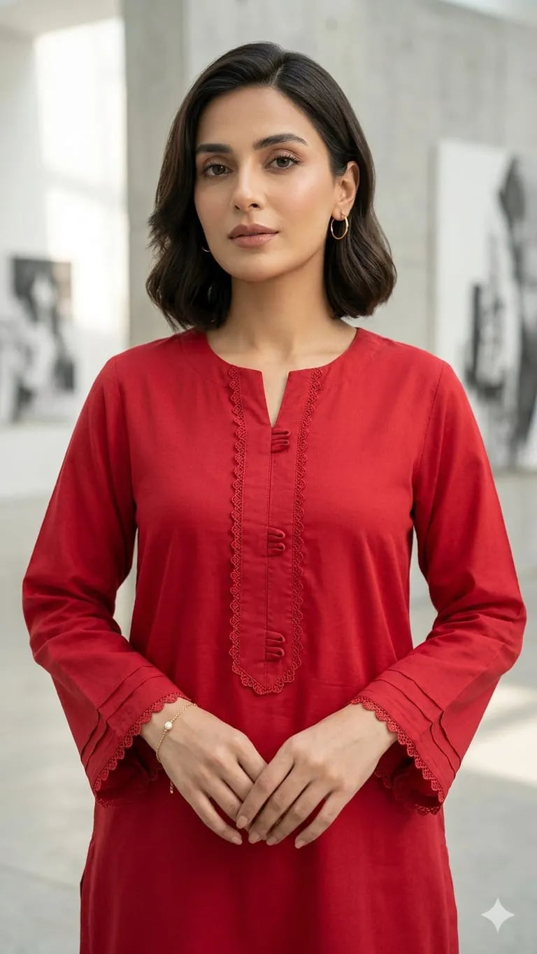Scarlet Red Cotton Tunic with Detailed Neckline & Cuffs