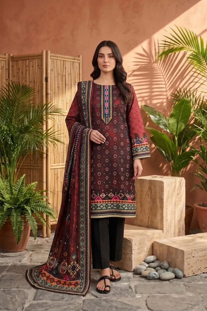 Midnight Maroon & Black: 3-Piece Unstitched Ethnic Printed Lawn Suit