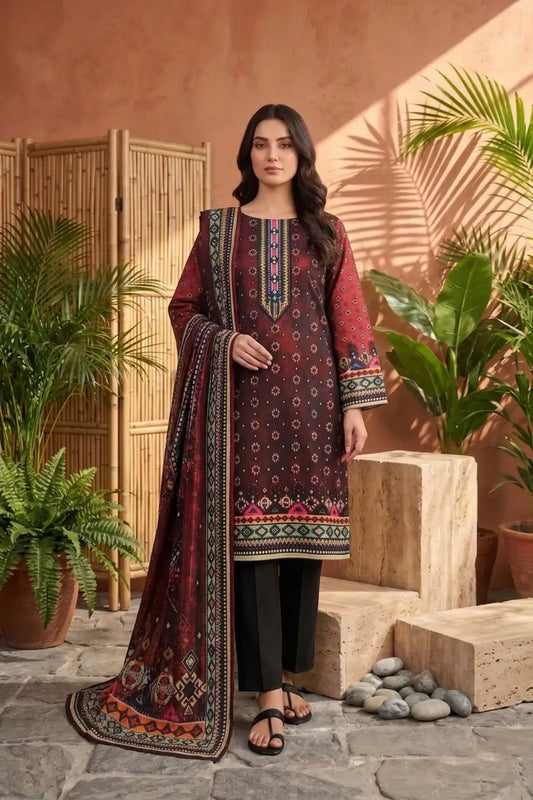 Midnight Maroon & Black: 3-Piece Unstitched Ethnic Printed Lawn Suit